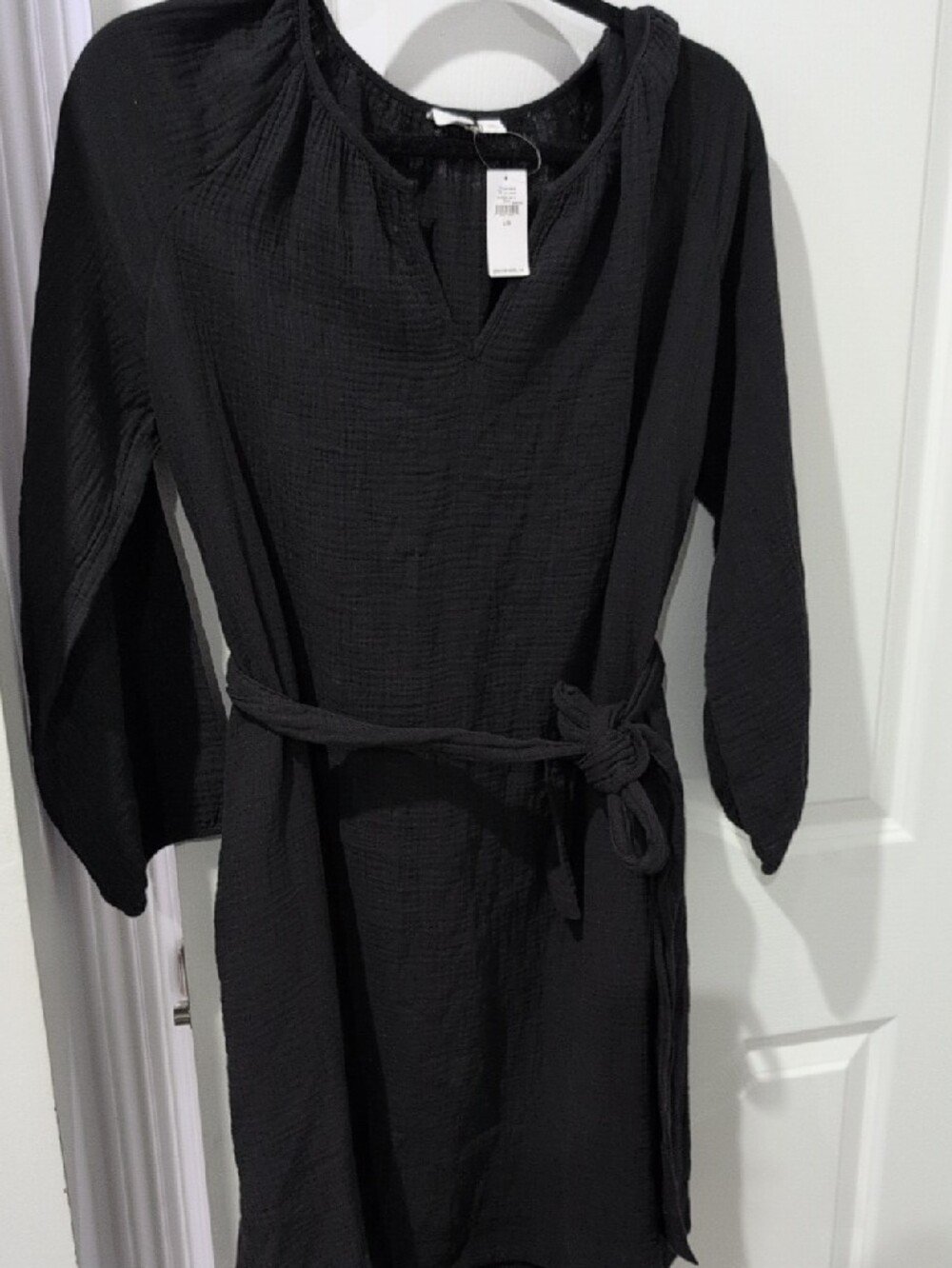 GAP Black Textured Cotton Gauze V-Neck Boho Whimsical Dress Large New With Tag